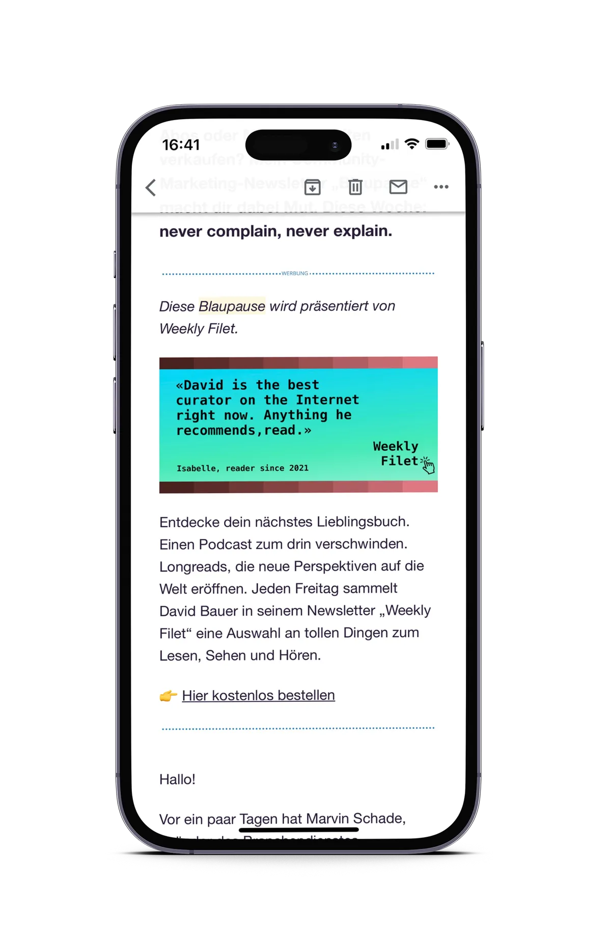 Mockup des Blaupause-Newsletters mit Sponsored-Platz am Anfang